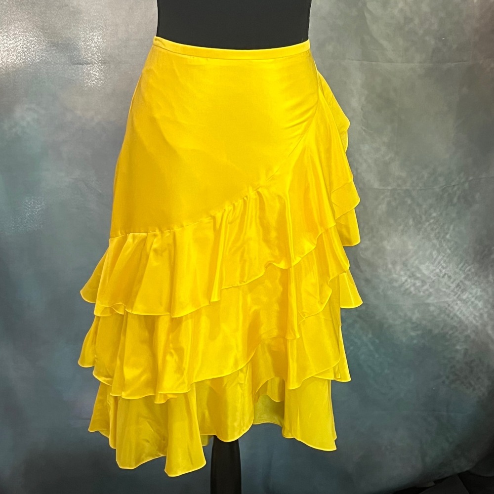 Lauren Ralph Lauren Yellow 100% Silk Tiered Ruffle Asymmetrical Midi Skirt 6